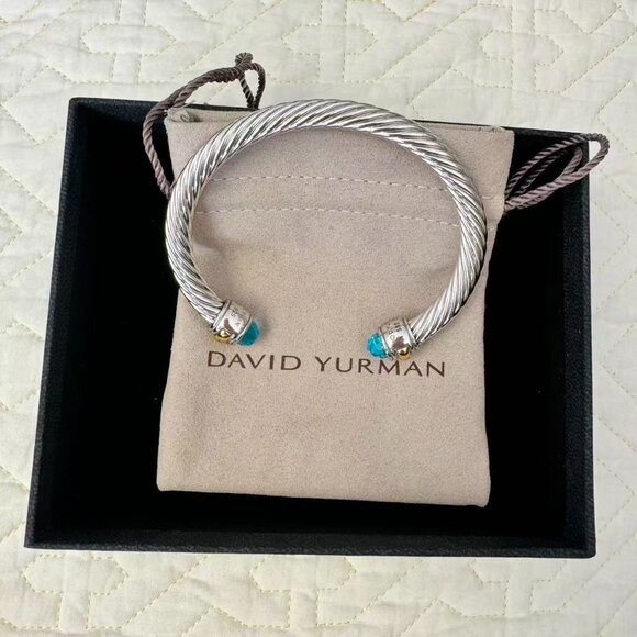 David Yurman Sterling Silver 7mm Blue Topaz and 14K Gold Cable Cuff Bracelet - Picture 4 of 5